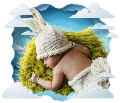 Photo of a sleeping baby in clouds